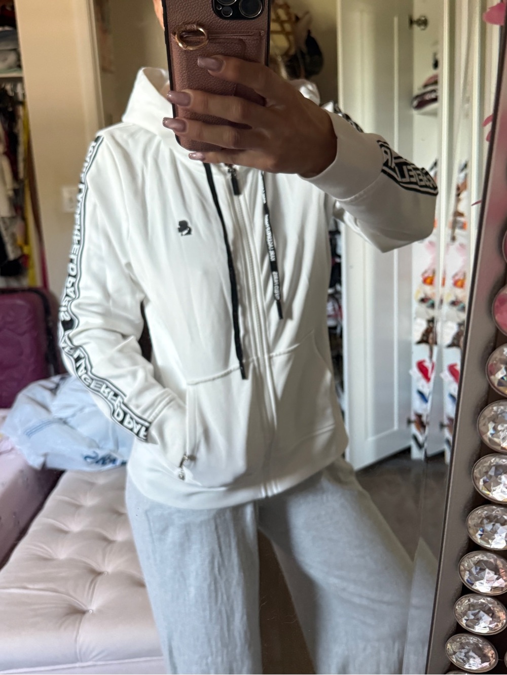 Karl Lagerfeld White Hooded Zip-Up Sweater with Black Trim